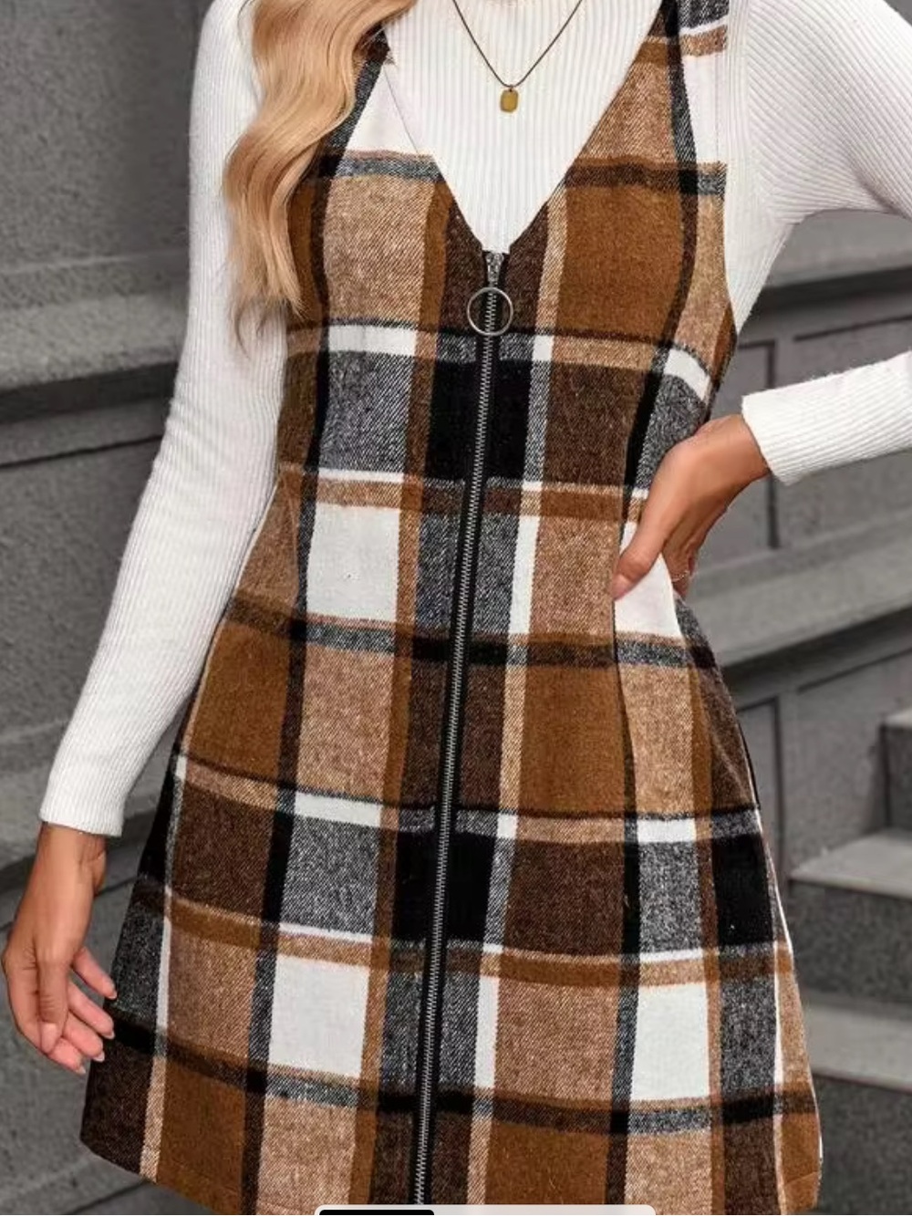 Plaid Brown Zip-Front Pinafore Dress